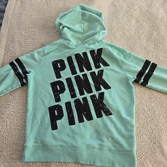 Victoria's Secret Pink Sequin Bling Perfect Zip Hoodie Aqua Sz L Y2K 90s Vibes - Picture 16 of 16